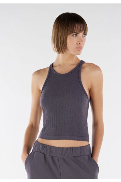 Tenký crop top z rebrovaného trikotu, tmavo sivý, S3WDOK2, G100 (Veľkosť M)