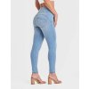 wr upr snug jeans high waisted full length light blue yellow stitching pants