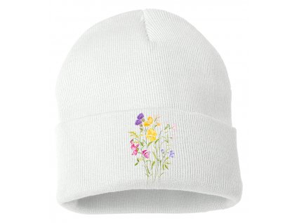 Zimní pletená čepice bílá Květiny
