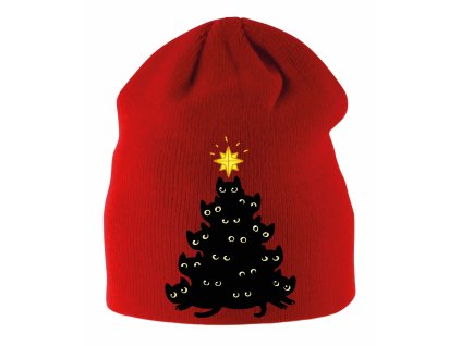 Dětská zimní čepice červená Kočky vánoční stromeček
