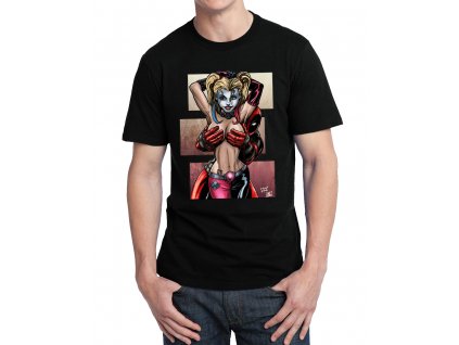 pánské černé tričko s potiskem Deadpool a Harley Quinn