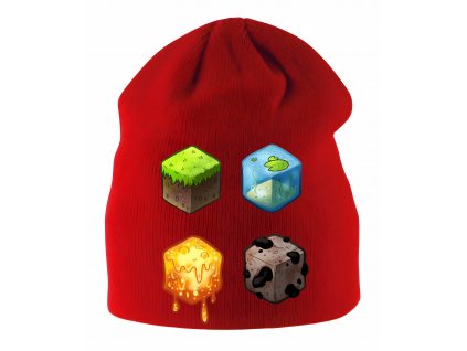 Zimní čepice dětská červená Minecraft kostky