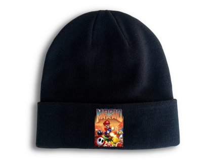Zimní pletená čepice černá Mario doom parodie