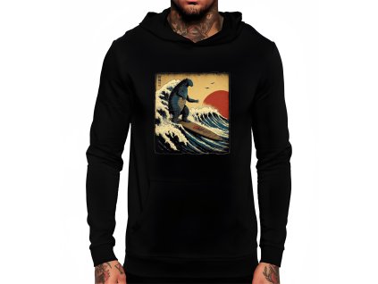 Hoodie black Surfující Godzilla v japonském stylu