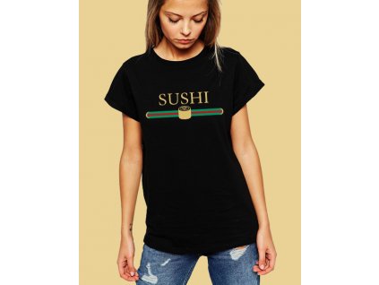 dámské černé tričko gucci s vtipnou parodií sushi