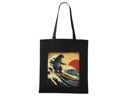Shopping bag black Surfující Godzilla v japonském stylu