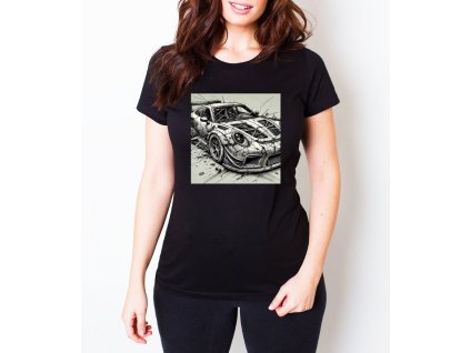 Woman tshirt black Sketch rozbitého závodního Porsche
