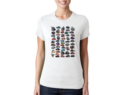 Woman tshirt white Kolekce karikovaných hot‑rodů