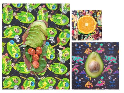 Rick&Morty - Voskovaný Ubrousek Wrapík® - 3 ks SET - Na svačinu, zeleninu, ovoce, sýry - 30x35cm, 25x25cm, 15x15cm
