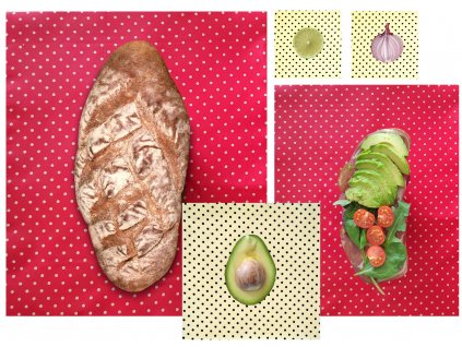 Voskovaný Ubrousek - Wrapík® - 5 ks SET - Na svačinu, zeleninu, ovoce, sýry - Puntíky DUO - 40x50cm, 30x35cm, 25x25cm, 15x15cm