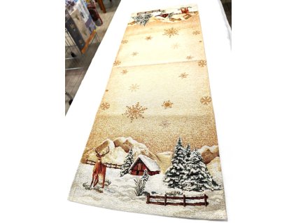 Gobelínový vánoční ubrus - Zimní chaloupka zlatý lurex