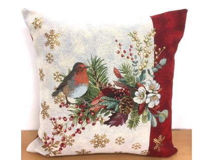 Vánoční povlak na polštář gobelín  - Ptáček s dekorací