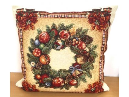 Vánoční povlak na polštář gobelín  - Vánoční věnec s ozdobami