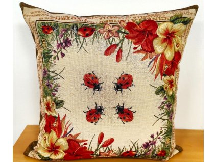 Povlak na polštář gobelín - Berušky a květy ibišku