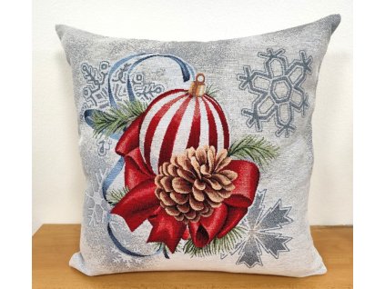 Vánoční povlak na polštář gobelín  - Vánoční koule se šiškou