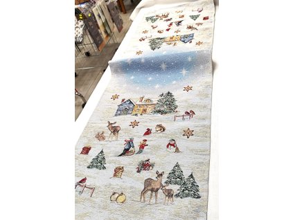 Gobelínový vánoční ubrus - Zimní radovánky