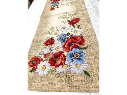 Gobelínový ubrus - Máky a kopretiny hnědý