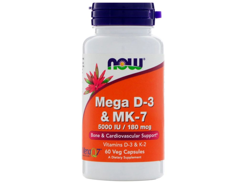 MEGA VITAMIN D3 + K2 (MK7), 5000 IU / 180 MCG, 60 VEG KAPSLÍ Now® Foods FUBO