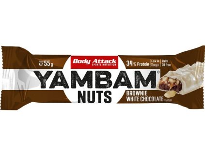 Body Attack Yambam Nuts 55 g, tyčinka s 34% bílkovin a velmi nízkým obsahem cukru (Varianta Peanut Butter Caramel)
