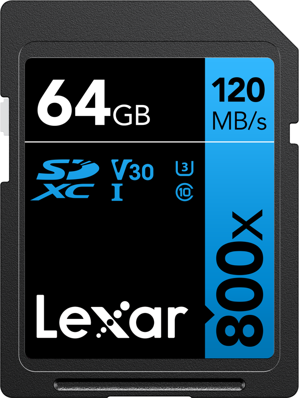 Lexar Professional 800x SDXC UHS-I cards, C10 V30 U3, R120 64GB