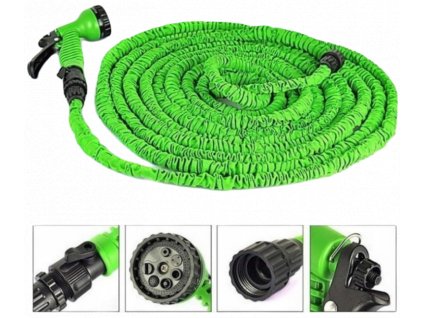 Zahradní hadice zelená, flexibilní, smršťovací  2,5m-7,5m s postřikovačem