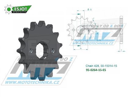 Koliesko reťazové (pastorok) 0264-15zubov ESJOT 50-15014-15 - Honda C90Z + CE90 + CBZ125 + EZ90 Cub + CB175K + XLR250R3 + XLR250 Baja + XLR250R + Kymco 2 + Derbi 125 Senda