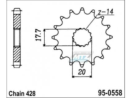 Koliesko reťazové (pastorok) 0558-15zubov MTZ - Yamaha YZ85 + DT125R + DT125RE + DT125X + DT200R + TZR80 + TZR125 + TDR125 + XVS125 Drag Star + XVS250 Drag Star + Der Star + XVS250