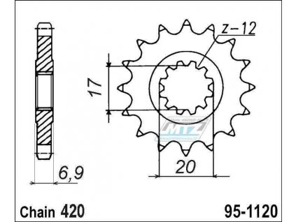 Koliesko reťazové (pastorok) 1120-12zubov MTZ - Aprilia 50RS+Betamotor 50RR+CPI 50SM+Fantic 50 Caballero+Generic 50 Trigger+Malaguti 50+MBK 50 X-Limit + Motor Hispania 50RYZ+R 50XP6+Yamaha DT50R