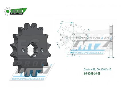 Koliesko reťazové (pastorok) 1263-16zubov ESJOT 50-15013-16 - Yamaha YZ80 + DT100+DT125+DT175 + TZR80+TZR125+SR125 + XT125+XT225+YBR125+AG KV175 + Malaguti 125 + Rieju 125 + Honda CT110 + Beta 125 + Jin
