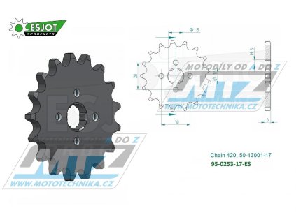 Koliesko reťazové (pastorok) 0253-17zubov ESJOT 50-13001-17 - Honda C50 + CR50 + CR60 + CR80R + CRF110F + CF50 Chaly + MT50S + NSR50S + SS50Z + C70 + ST70 Daytona 50 Sprinter