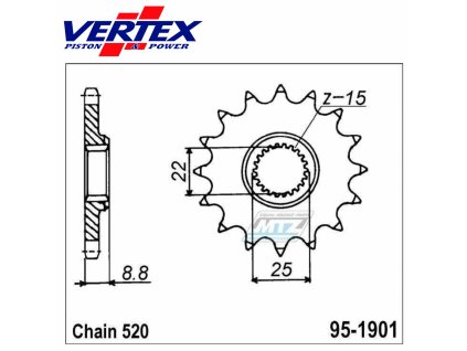 Koliesko reťazové (pastorok) 1901-11zubov Vertex 891-1248KC11 - KTM 125+150+200+250+300+360+380SX+EXC + 250+350+400+450+500+520 Freeride + Husaberg TE + FE + Husqvarna TC + TE + FC + FE + Gas-Gas MC + MCF + EC + ECF + Beta RR + Maico + Polaris