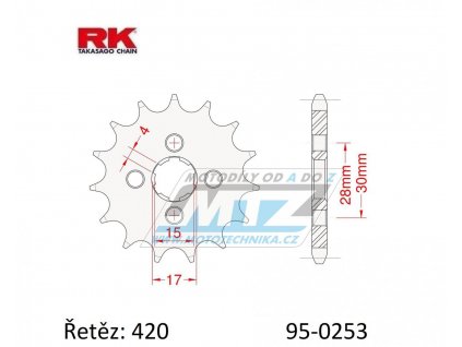 Koliesko reťazové (pastorok) 0253-16zubov RK - Honda C50 + CR50 + CR60 + CR80R + CRF110F + CF50 Chaly + MT50S + NSR50S + SS50Z + C70 + ST70 + XL75 + MBX80F + ATC