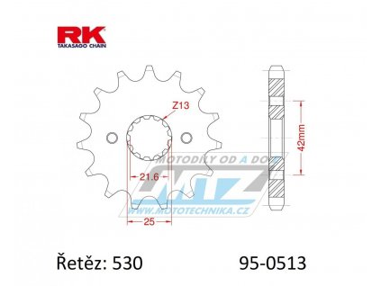 Kolečko řetězové (pastorek) 0513-16zubů RK - Suzuki GS400+GSX400 + GS550+GSF600+GS650+GSXR750+VZ800+RF900R+GSXR1100+GSF1200+GSXR1300R + Kawasaki Z250+GPZ500R+Z550+ZX600+Z650+Z750 + Yamaha RD350+SR500 +FZR600 + Cagiva 1000 Raptor