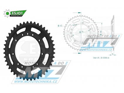 Oceľové reťazové koleso 12008-44zubov ESJOT 50-12008-44 - KTM 50 SX Pro Junior / 97-12 + KTM SX 50 Pro Senior / 97-03 + KTM SX 50 Adventure "skosené" / 97-00