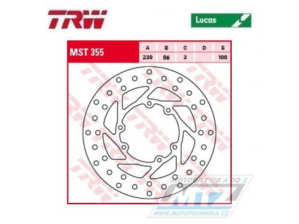 Brzdový kotúč TRW MST355 (230/86/6D) - Yamaha DT125LC / 82-87+DT125R / 88-06+DTZ125 Tenere / 89-94+WR125 / 90-92 + YZ125+YZ260 / 8 93+WR500 / 92-93 + TT350 / 86-99 + TT600R / 84-92 + TM GS125 / 90-92