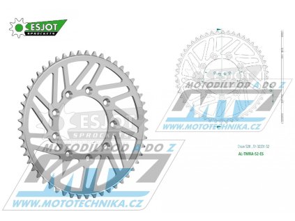 Rozeta řetězová (převodník) Dural TM-52zubů ESJOT 51-32231-52 - barva stříbrná - TM MX125+MX144+MX250+MX250F+MX450F+MX530F / 92-22 + EN125+EN144+EN250+EN300+EN250F+EN300F+EN450F+ EN530F / 92-22 + MX80