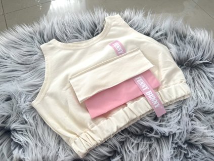 Teplákový pískací crop top s vreckom vanilka