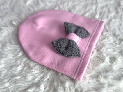 Pískacia flisová čiapka s huňatou mašľou baby ružová
