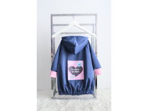 Softshellový predĺžený kabát modrý melír s ružovou nášivkou