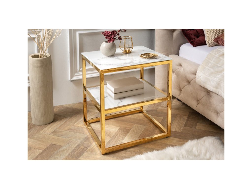 Příruční stolek Elegance 45cm mramorový vzhled bílý, zlatý rám 37755