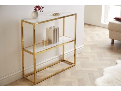 Konzolový stolek Elegance 80 cm mramorový vzhled bílý, zlatý rám 36367