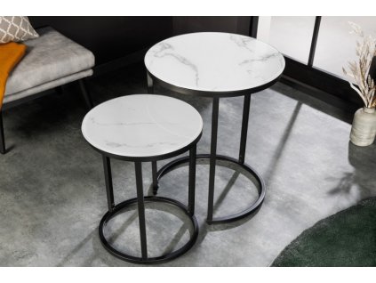Příruční stolek kulatý Elegance sada 2 ks mramorový vzhled bílý, černý rám 37737