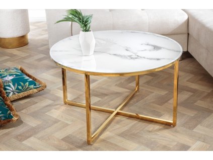 Konferenční stolek kulatý Elegance 80cm mramorový vzhled bílý, zlatý rám 37749
