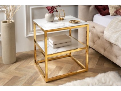Příruční stolek Elegance 45cm mramorový vzhled bílý, zlatý rám 37755