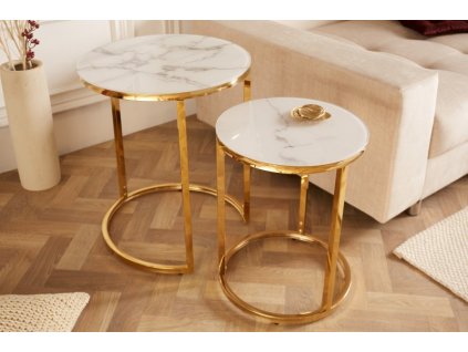 Příruční stolek kulatý Elegance sada 2ks mramorový vzhled bílý, zlatý rám 37769