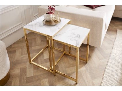 Masă laterală Elegance set de 2 alb aspect marmură cu cadru auriu 37761