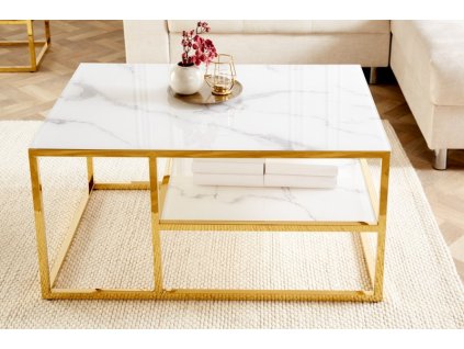 Masuta de cafea Elegance 90 cm aspect marmura cu rama din aur alb 37777
