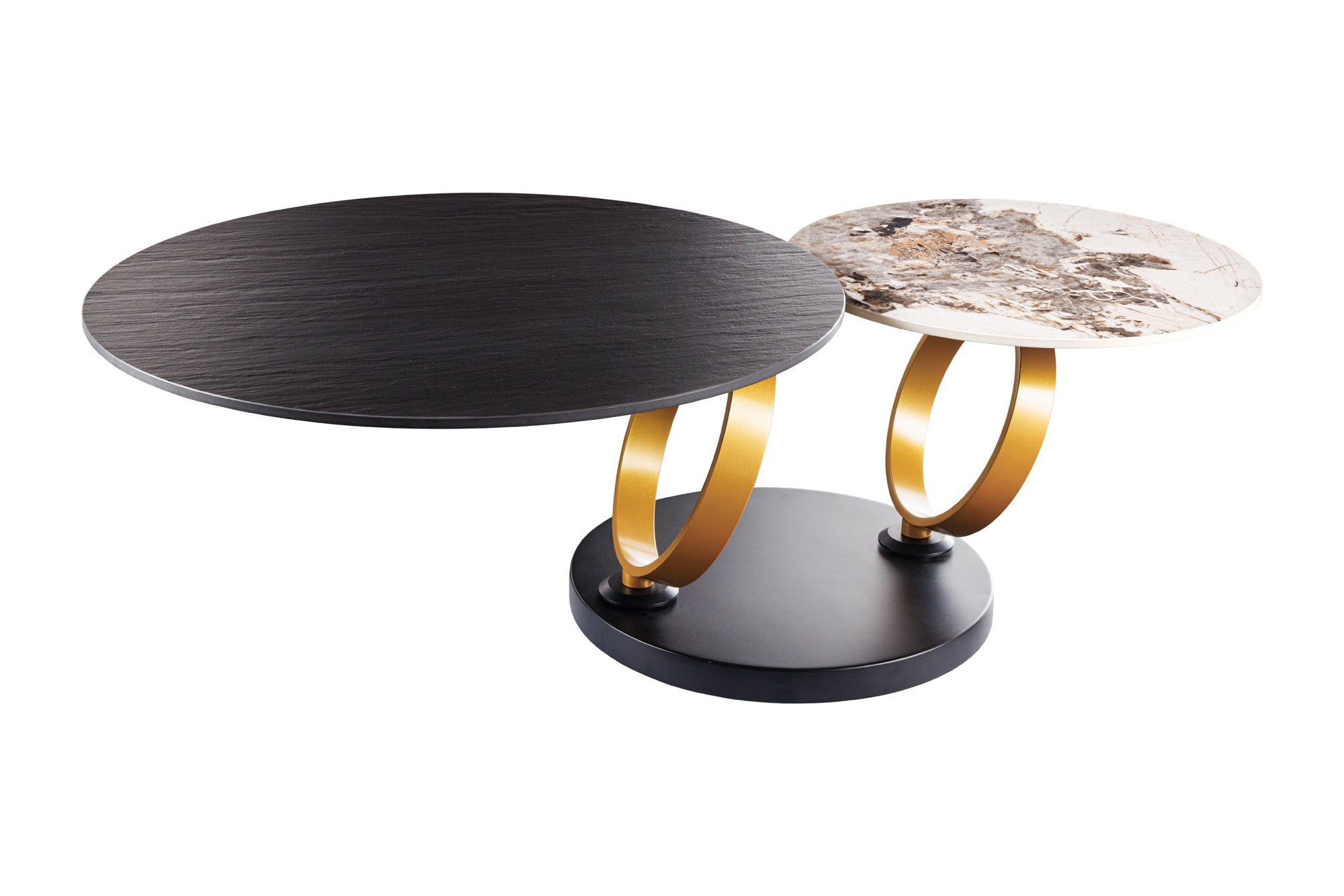 INVICTA INTERIOR Konferenční stolek DANCING RINGS GOLD – keramika a kov / černý, přírodní / 80–134 cm