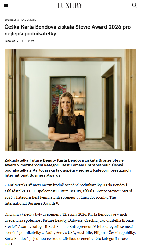 Náhled článku Luxury Guide o ocenění Karly Bendové Stevie Award 2026