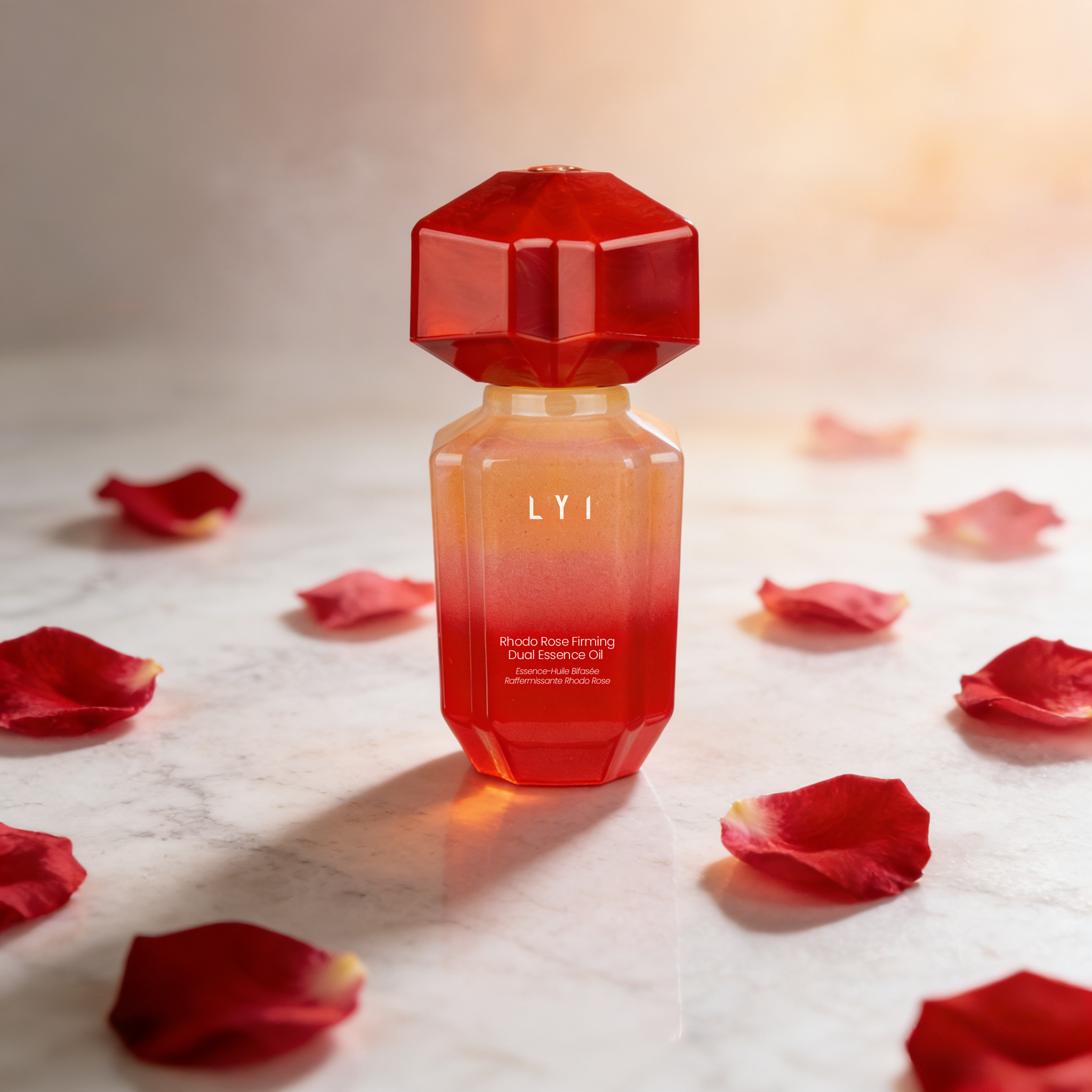 LYI Rhodo Rose Firming Dual Essence Oil mezi okvětními lístky růží